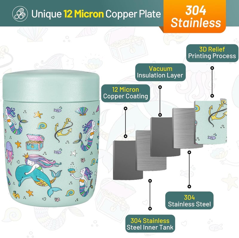 Charcy 9oz Stainless Steel Vacuum Insulated Kids Food Jar - Soup Thermo for Hot & Cold Food - Blue Mermaid - Image 3